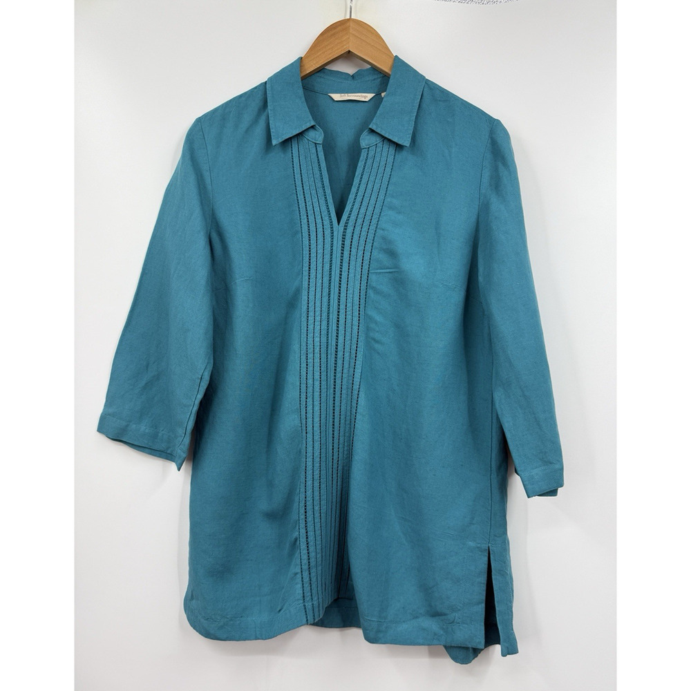 Soft Surroundings Top Womens Blue Linen Blend 3/4 Sleeve V Neck Shirt Size Small